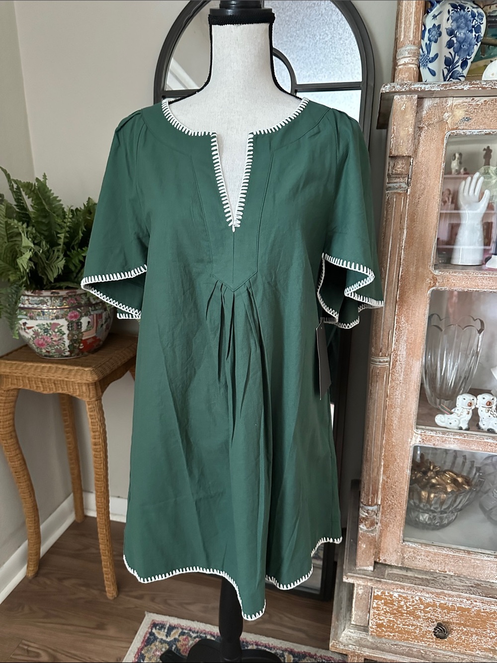 Tuckernuck Forest Green Cotton Dress with White Trim